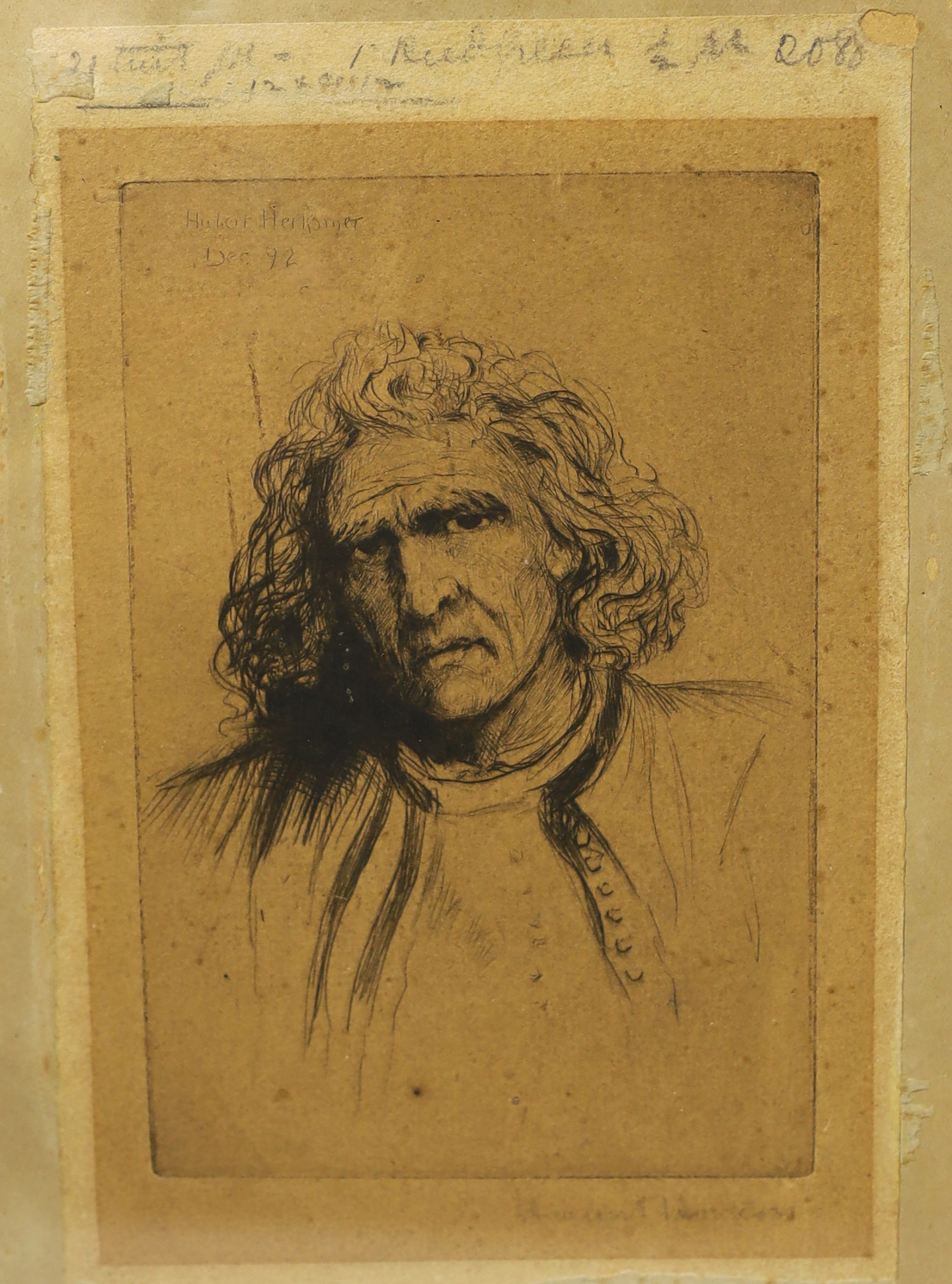 Sir Hubert Von Herkomer (1849-1914), etching, Self Portrait, indistinctly inscribed to the mount, together with an easel stand and Christie's letter, 17 x 12cm